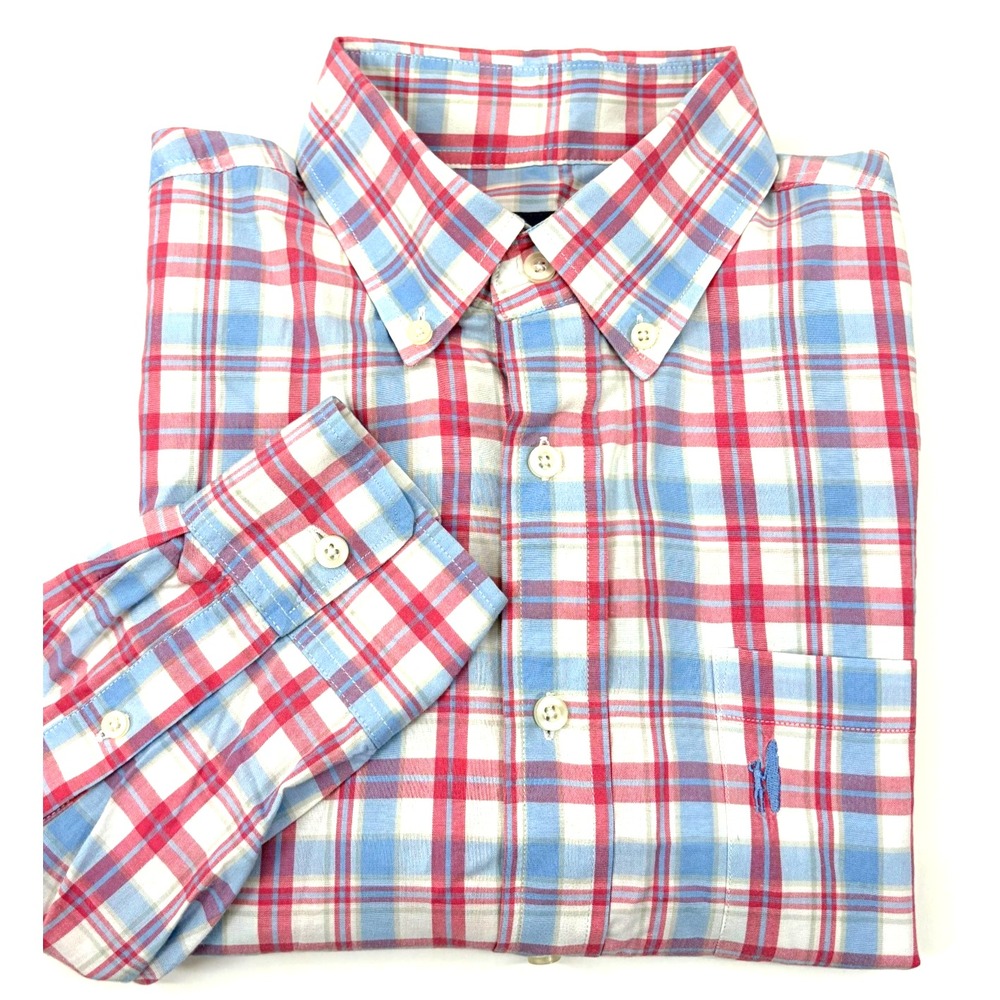Johnnie-O Mens Medium Coastal Preppy Plaid Button Down Shirt Blue Pink Surfboard